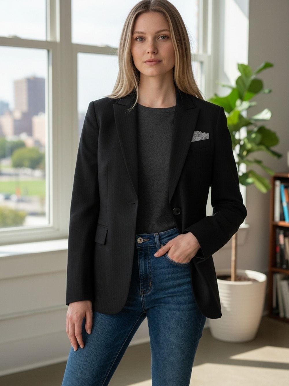 Tahari Black Tailored Single-Button Pin Stripe Blazer